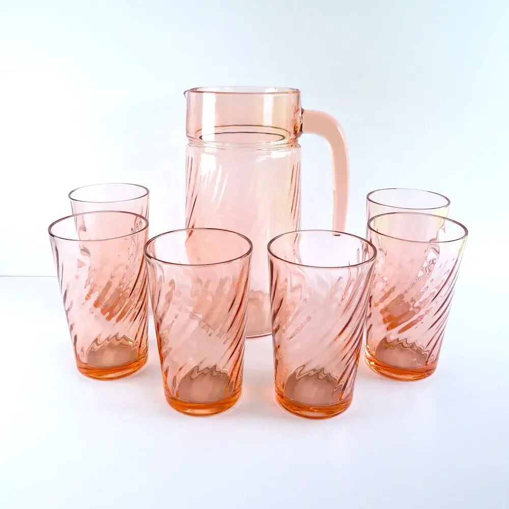Vintage Arcoroc France Rosaline Pink Swirl Pitcher and Glasses 7 Piece Set